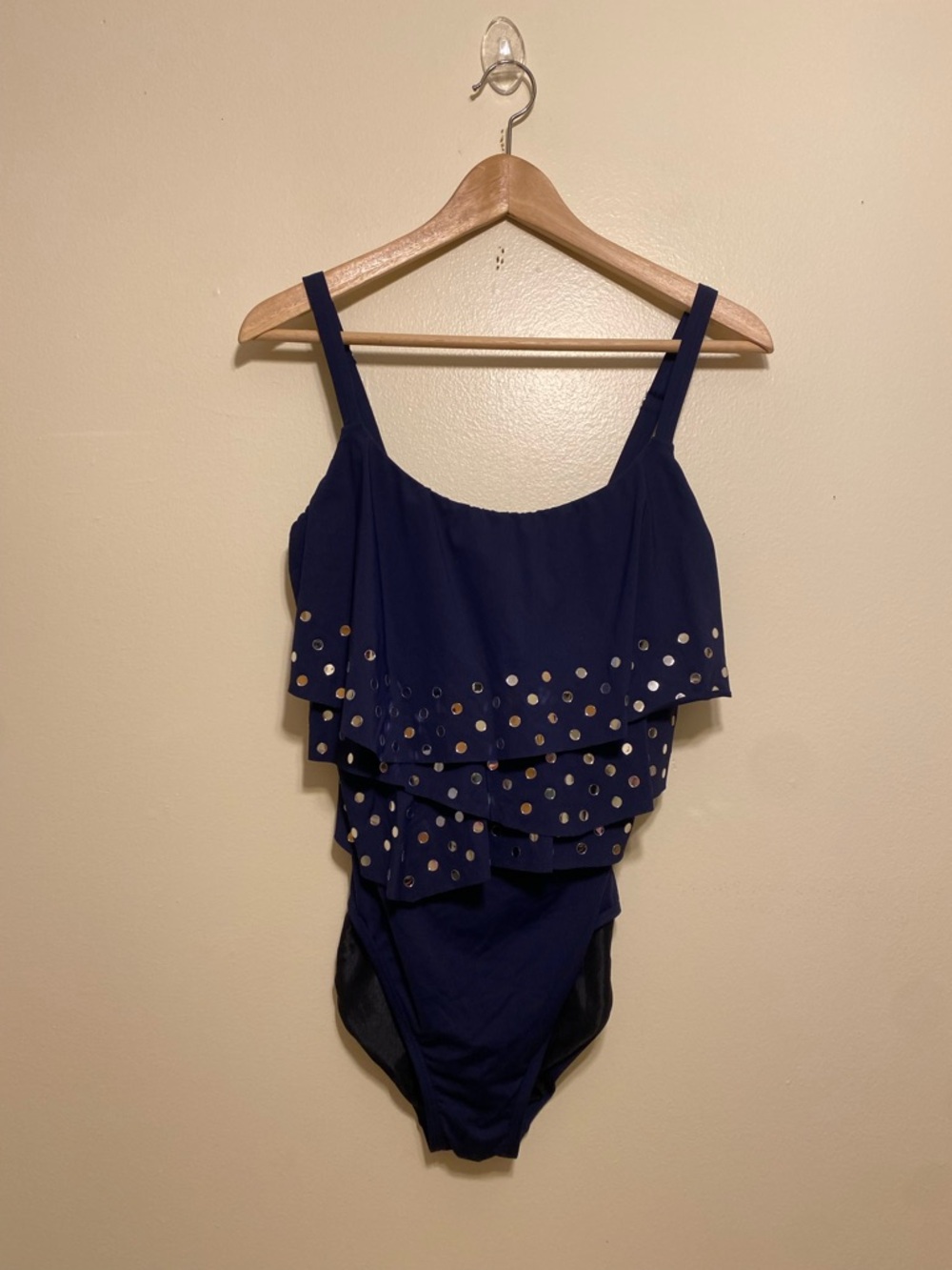 Coco Reef Navy Ruffle One-Piece Swimsuit with Silver Dots. Size 36DD